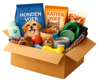 Doos met hondenvoer, kattenvoer, speeltjes en andere benodigdheden voor huisdieren.