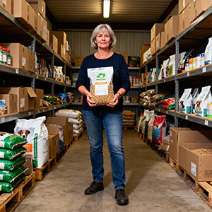 Vrouw met zak dierenvoeding in de Dierenvoedselbank Spijkenisse.