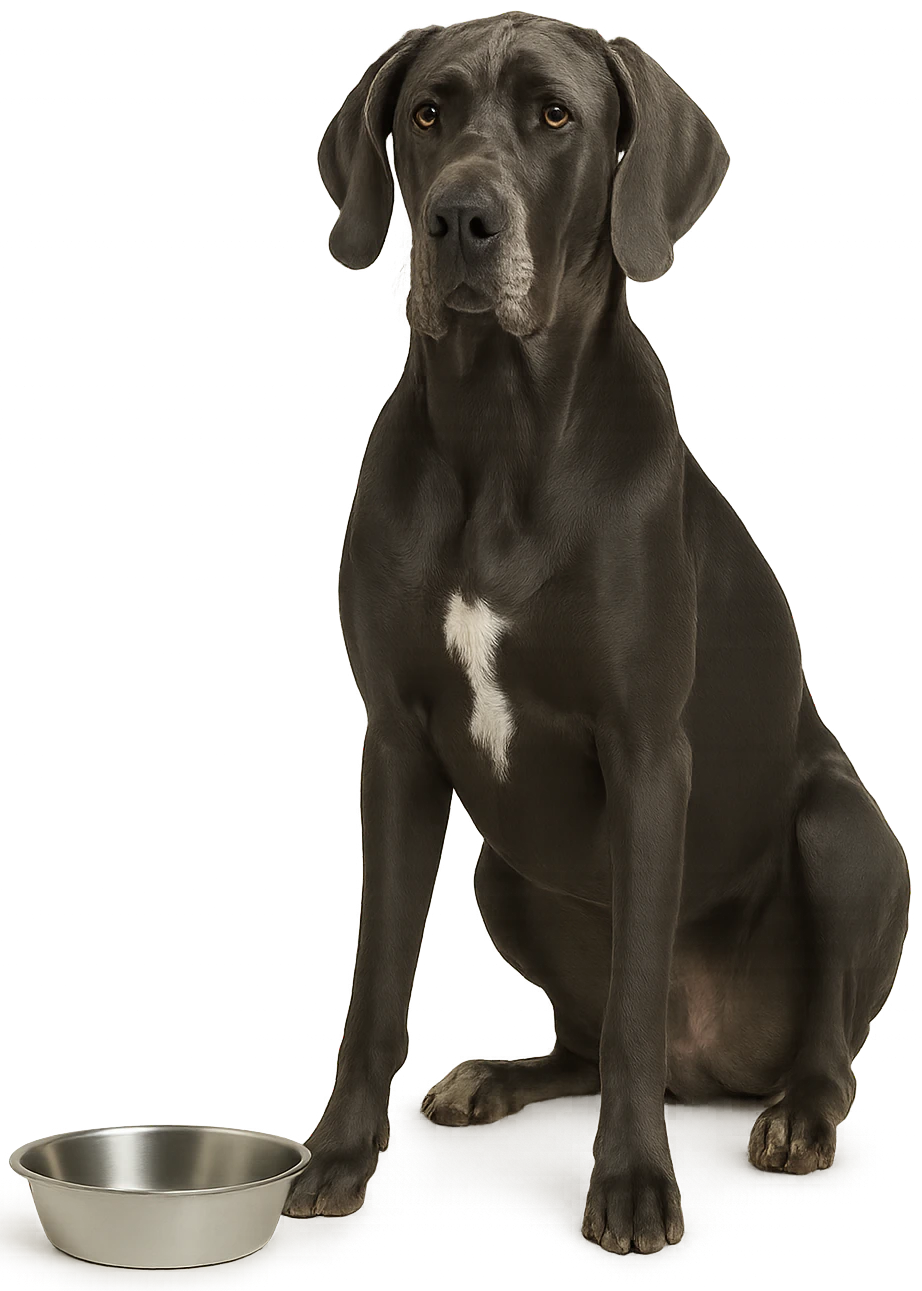 Grote, grijze Deense dog zit naast een zilveren voerbak.